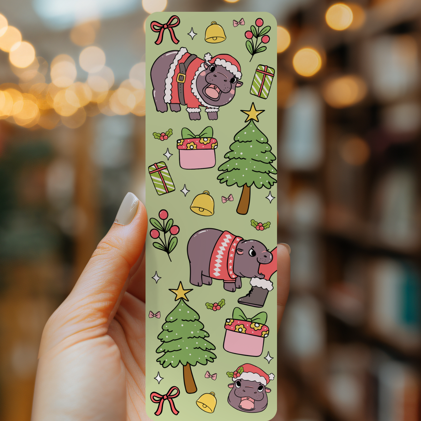 Christmas Pygmy Hippo Bookmark | Soft Matte Laminated