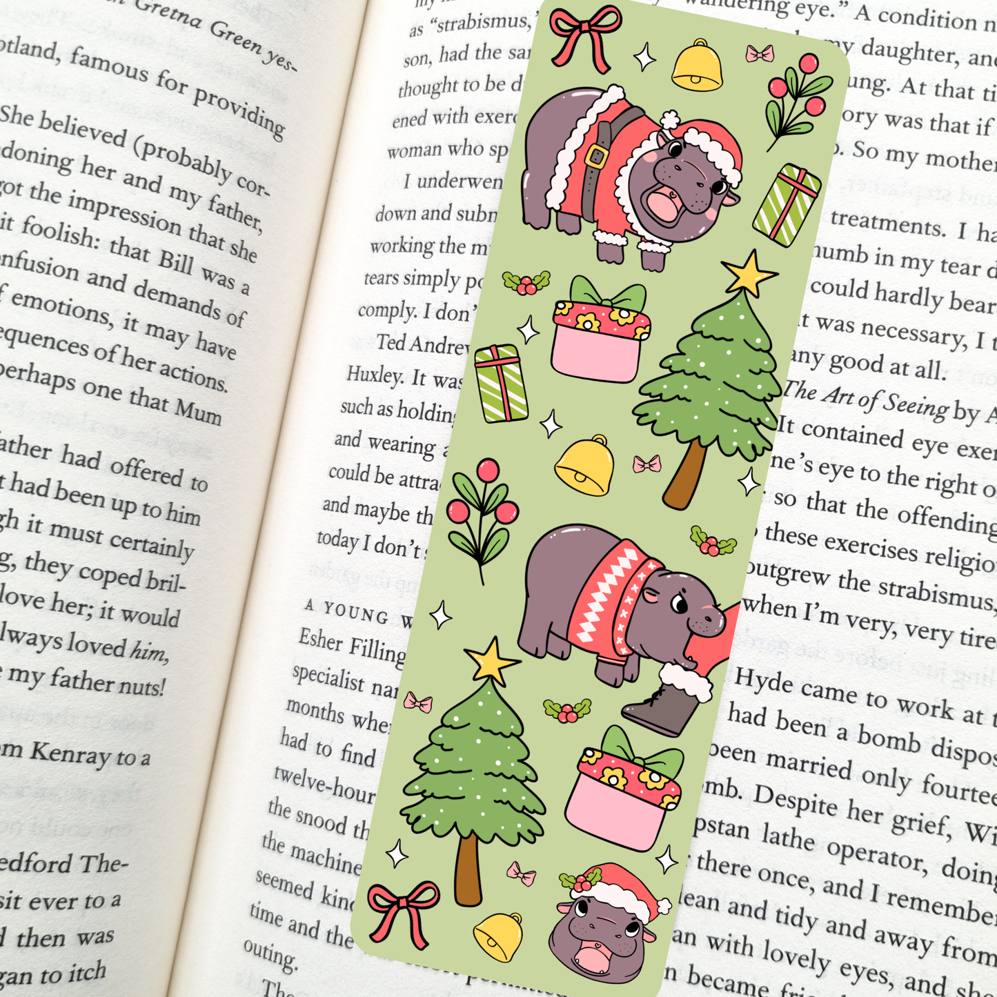 Christmas Pygmy Hippo Bookmark | Soft Matte Laminated