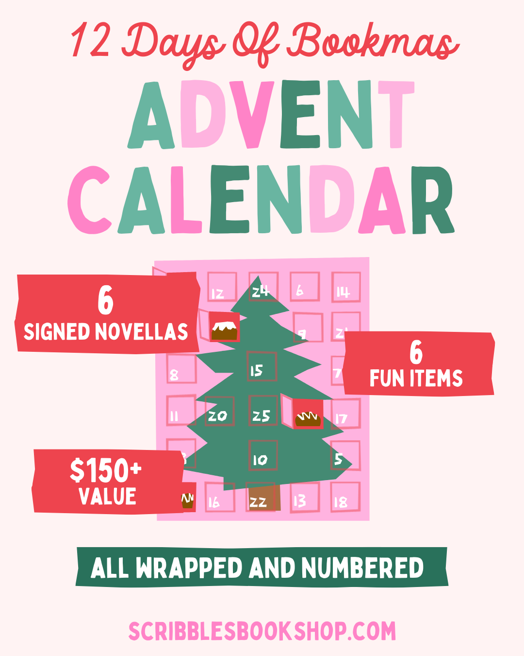 Advent calendar promotion with a pink calendar and Christmas tree design, featuring Scribblesbookshop.com.