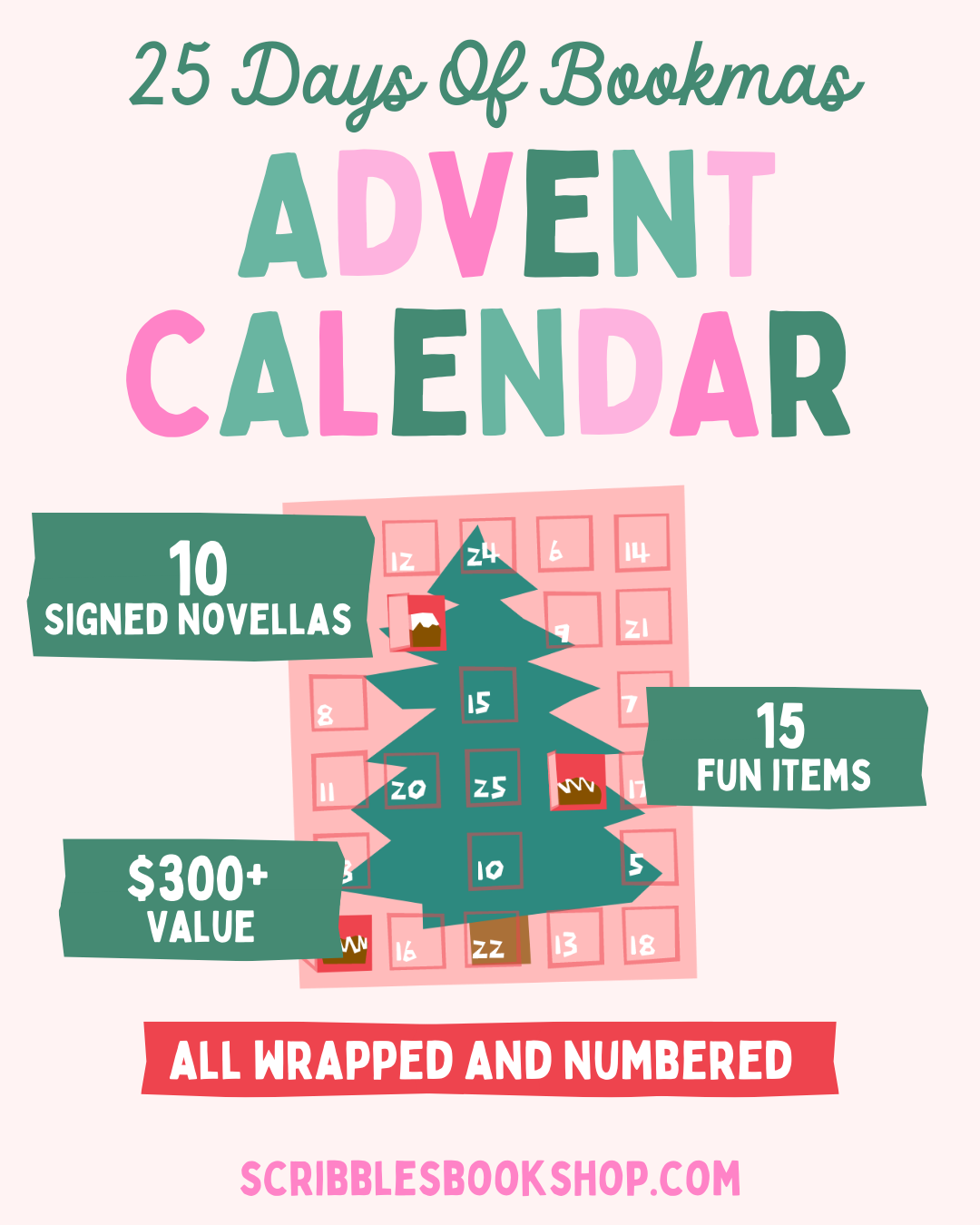 Advent calendar promotion with a Christmas tree design and text about signed novellas and fun items.