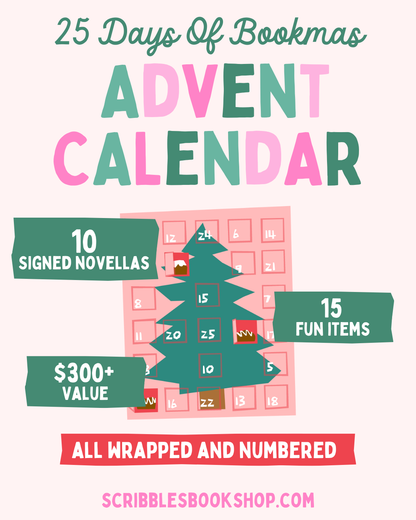 Advent calendar promotion with a Christmas tree design and text about signed novellas and fun items.