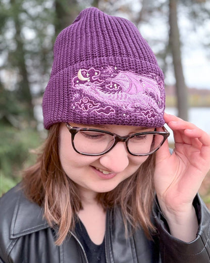 Dragon Embroidered Rib Knit Beanie Hat | Fantasy Clothing