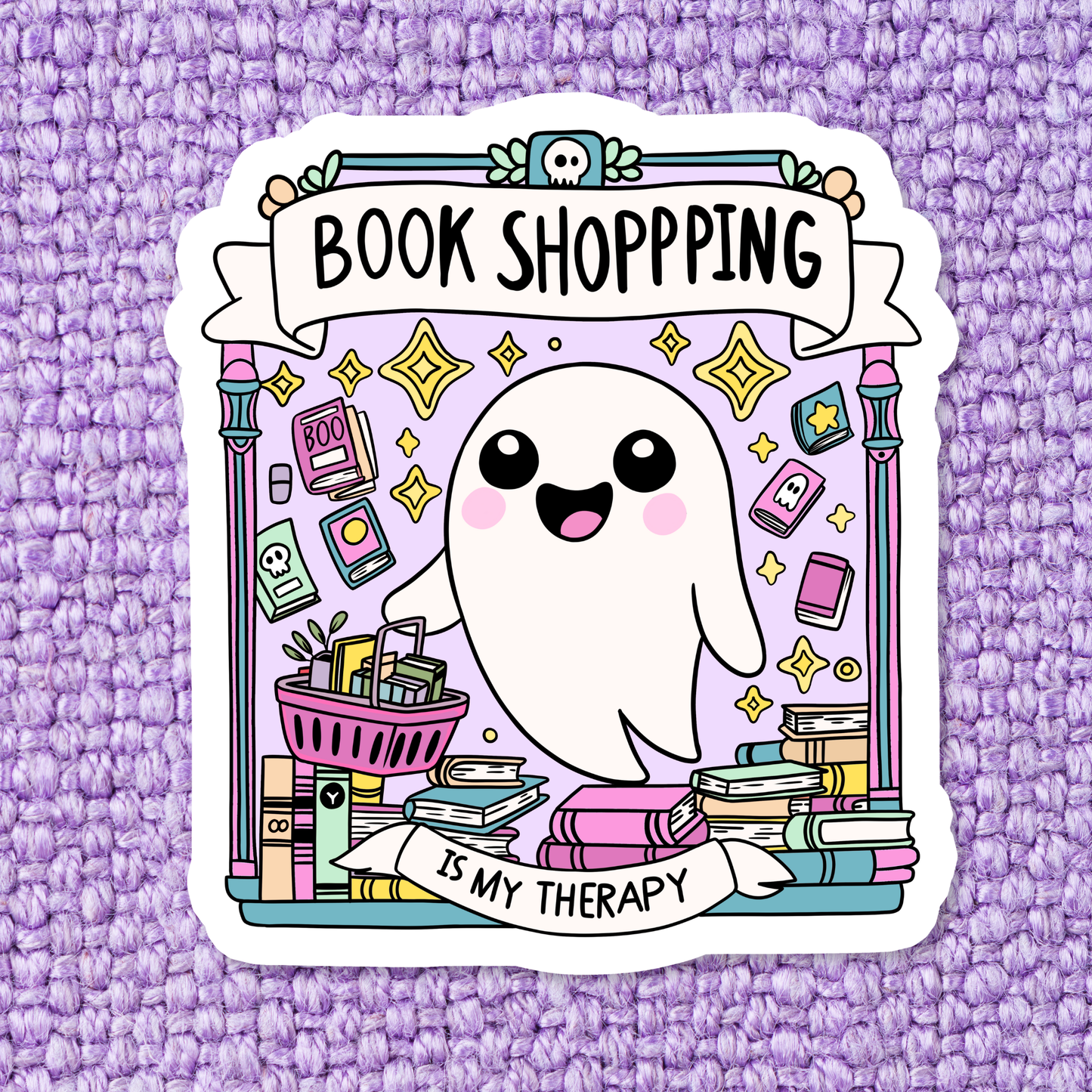 'Book Shopping Therapy Ghost' Waterproof Vinyl Sticker