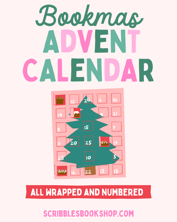 Bookmas Advent Calendar with a pink tree design on a white background