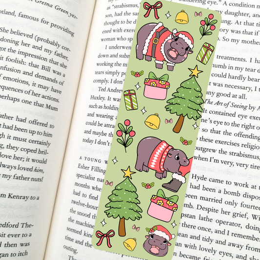 Christmas Pygmy Hippo Bookmark | Soft Matte Laminated 