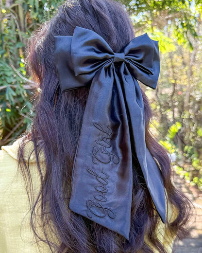 Good Girl Hair Bow Clip | Dark Romance Embroidered Satin Bow